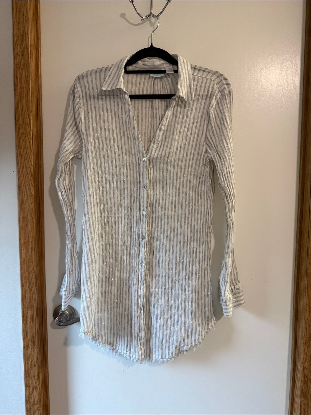 Dia & Co Cream and Light Gray Striped Button-Down Tunic